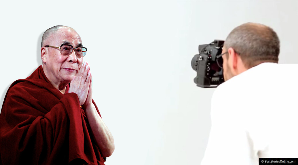 The Dalai Lama posing during his photoshoot with Terry Richardson.