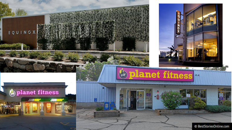 Ultra lux Equinox locations in Greenwich, Connecticut and Beverly Hills, California (top left, right); Planet Fitness locations in reclaimed stripmall space in Boise, Idaho and Buffalo, New York. (bottom left, right)