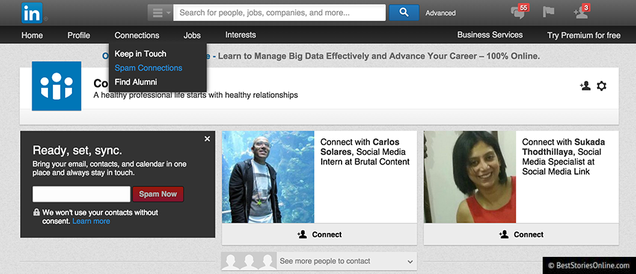 Front end web developer's rendering of LinkedIn's contact page.