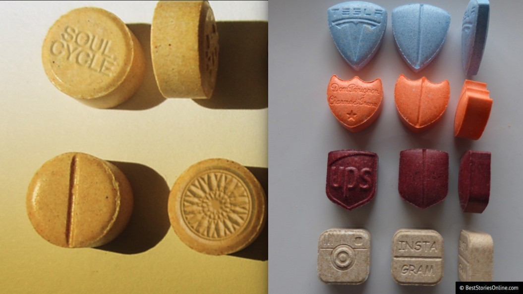 'Branded MDMA' with SoulCycle, Instagram, UPS, Tesla, and Dom Perignon
logos.