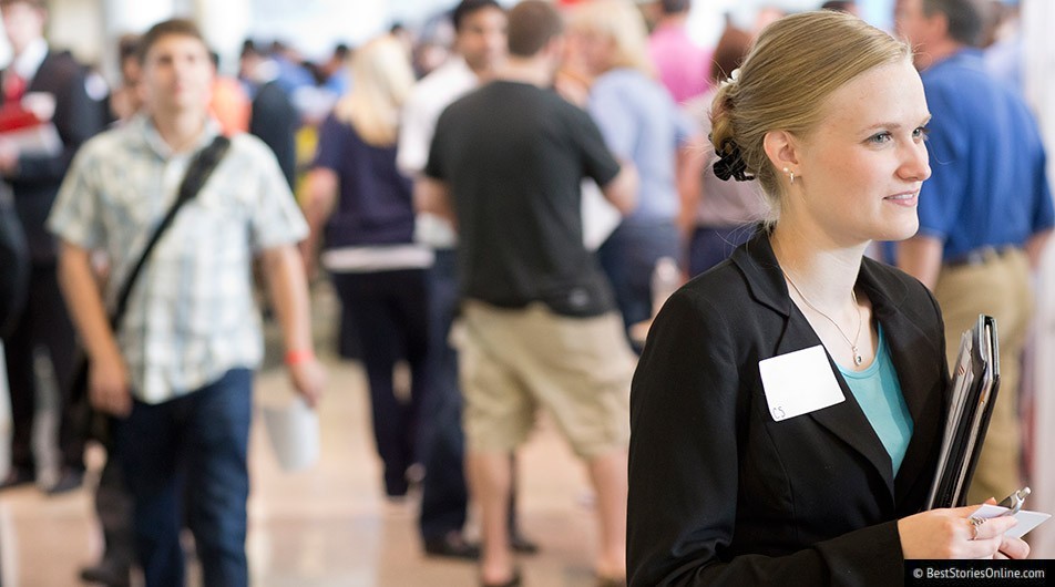 A Young Millennial woman at a Georgia Institute of Technology career
fair.